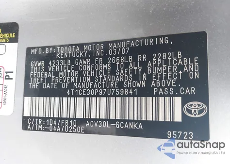 2007 Toyota Camry Solara Se z USA, uszkodzony, nr VIN 4T1CE30P97U759841